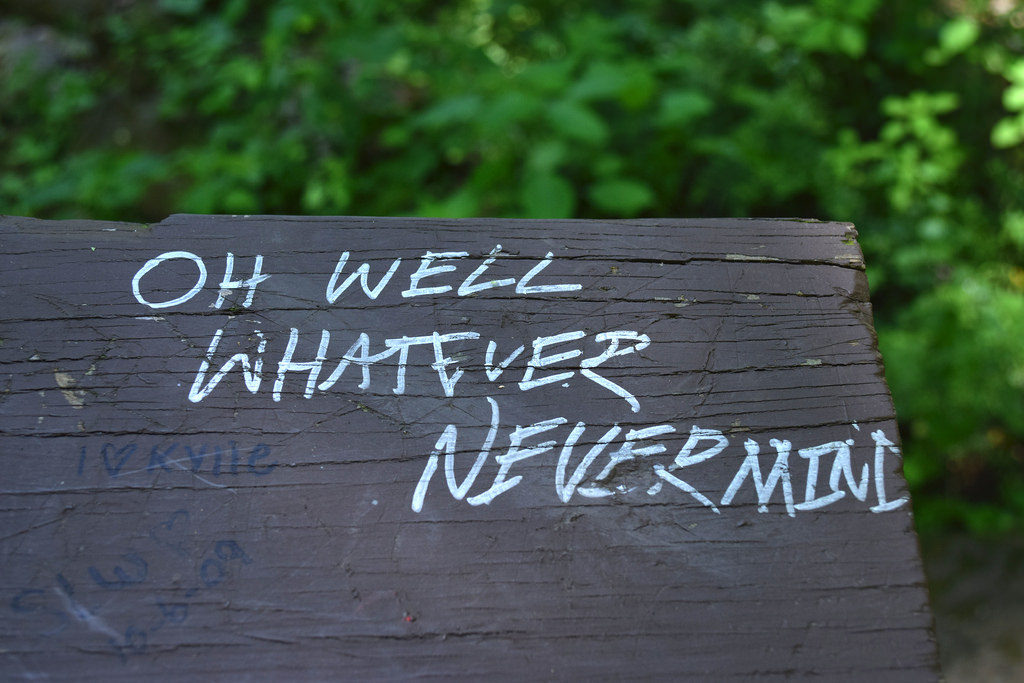 park bench with "whatever nevermind" written on it